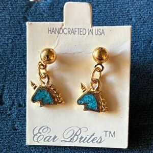 Handcrafted Gold-Tone Unicorn Drop Earrings with Turquoise Inlay